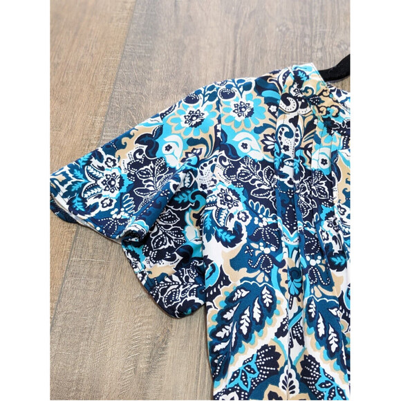 PerSeption Concepts Top Womens Small Blue Print Short Flutter Sleeve Stretch - Picture 3 of 10